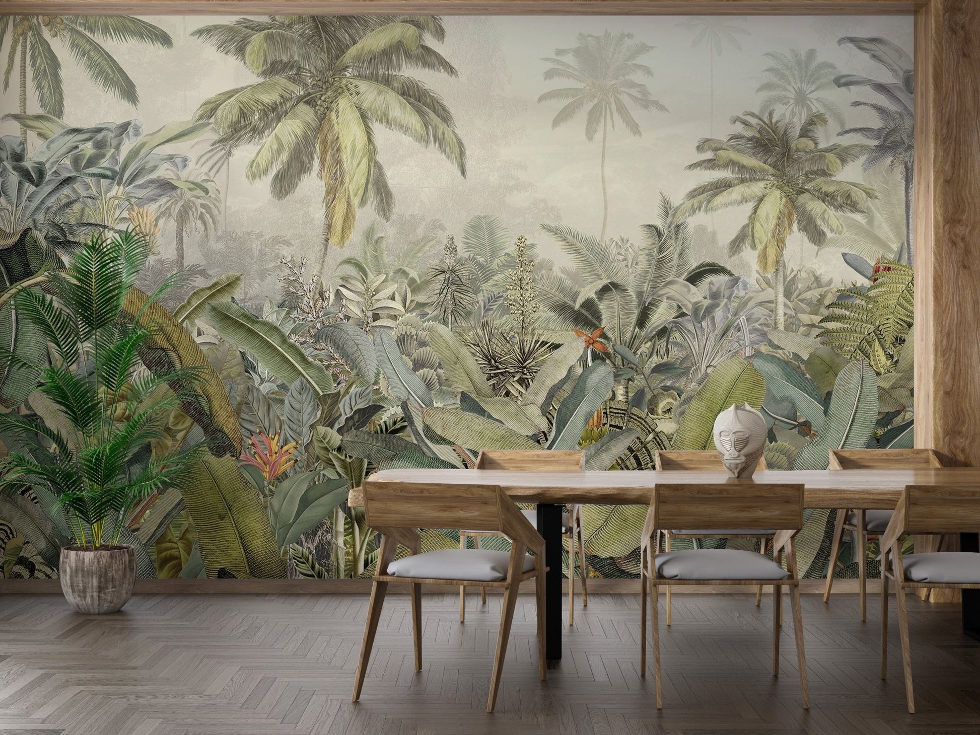 Forest canopy wall mural in dining room with light wood table and chairs.