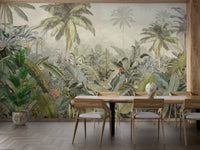 Forest canopy wall mural in dining room with light wood table and chairs.
