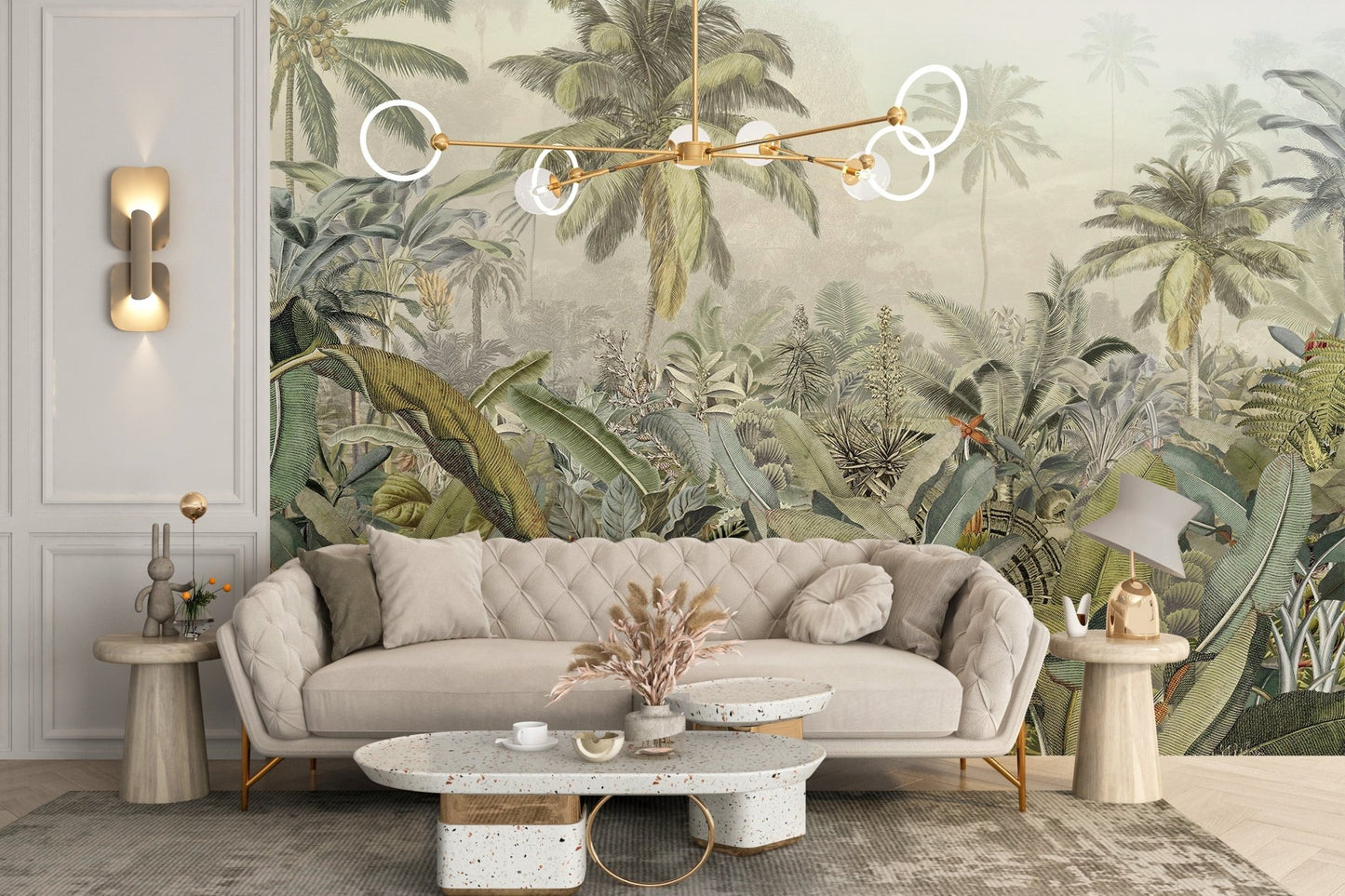 Tropical watercolor canopy wall mural in chic living room with beige sofa.