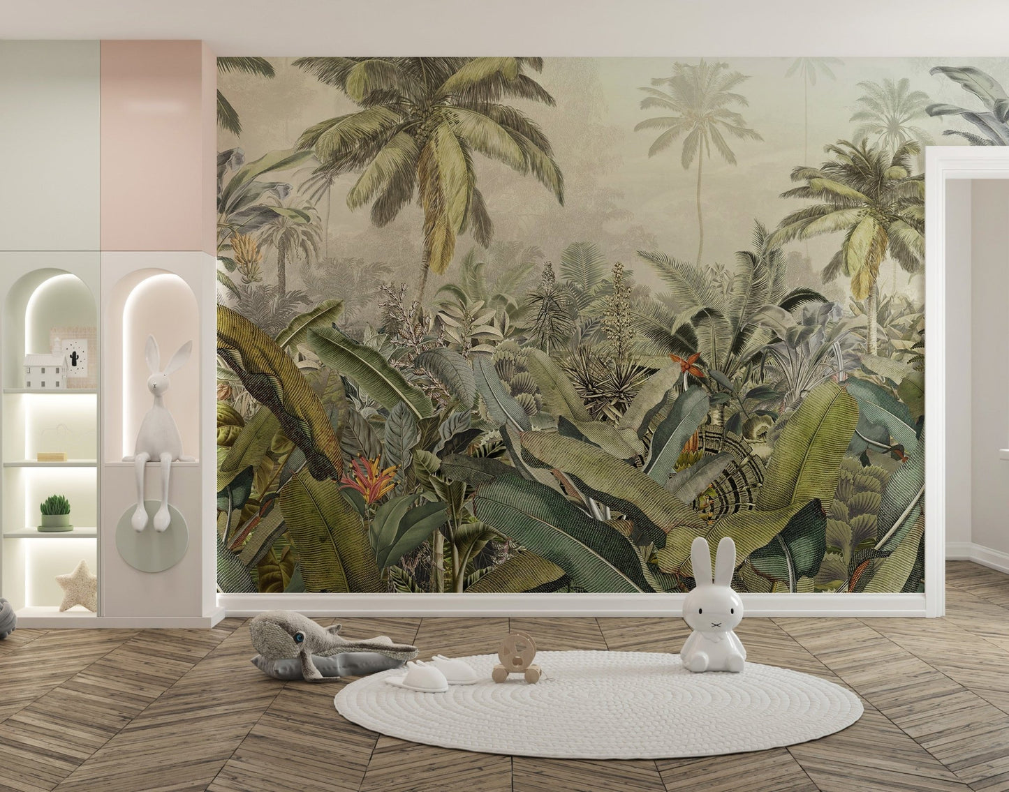 Watercolor tropical plant wall mural in kids play area with round rug.