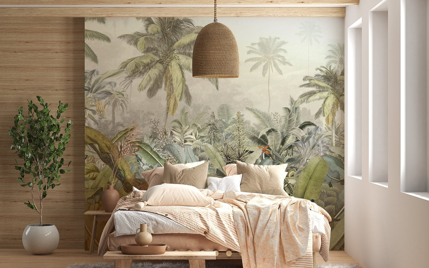 Artistic tropical palm tree wall mural in sunlit room with wooden furniture.