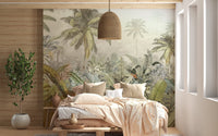 Artistic tropical palm tree wall mural in sunlit room with wooden furniture.