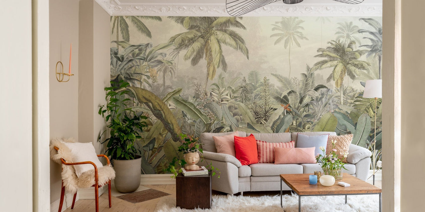 Lush green botanical wall mural in contemporary living area with wooden floor.