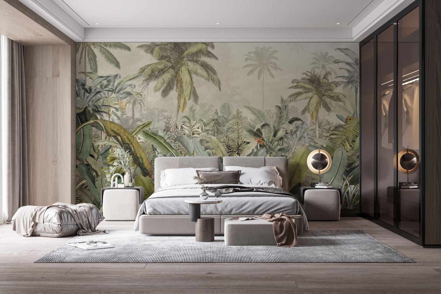 Tropical watercolor canopy wall mural in modern grey bedroom setting.