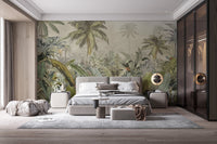 Tropical watercolor canopy wall mural in modern grey bedroom setting.