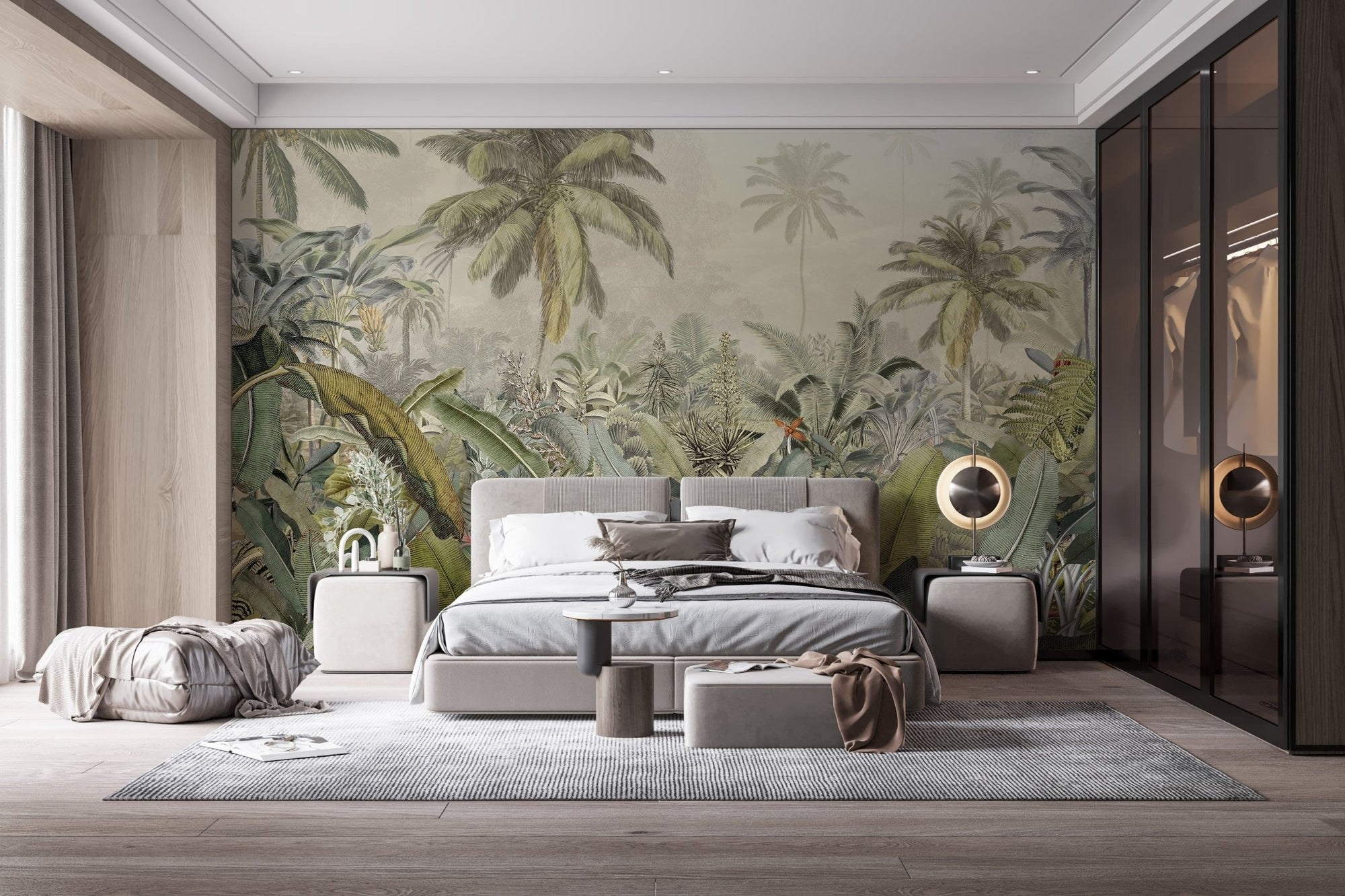 Tropical watercolor canopy wall mural in modern grey bedroom setting.
