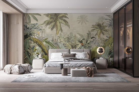 Tropical watercolor canopy wall mural in modern grey bedroom setting.