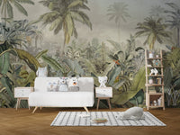 Jungle canopy wall mural behind white sideboard in minimalist kids space.