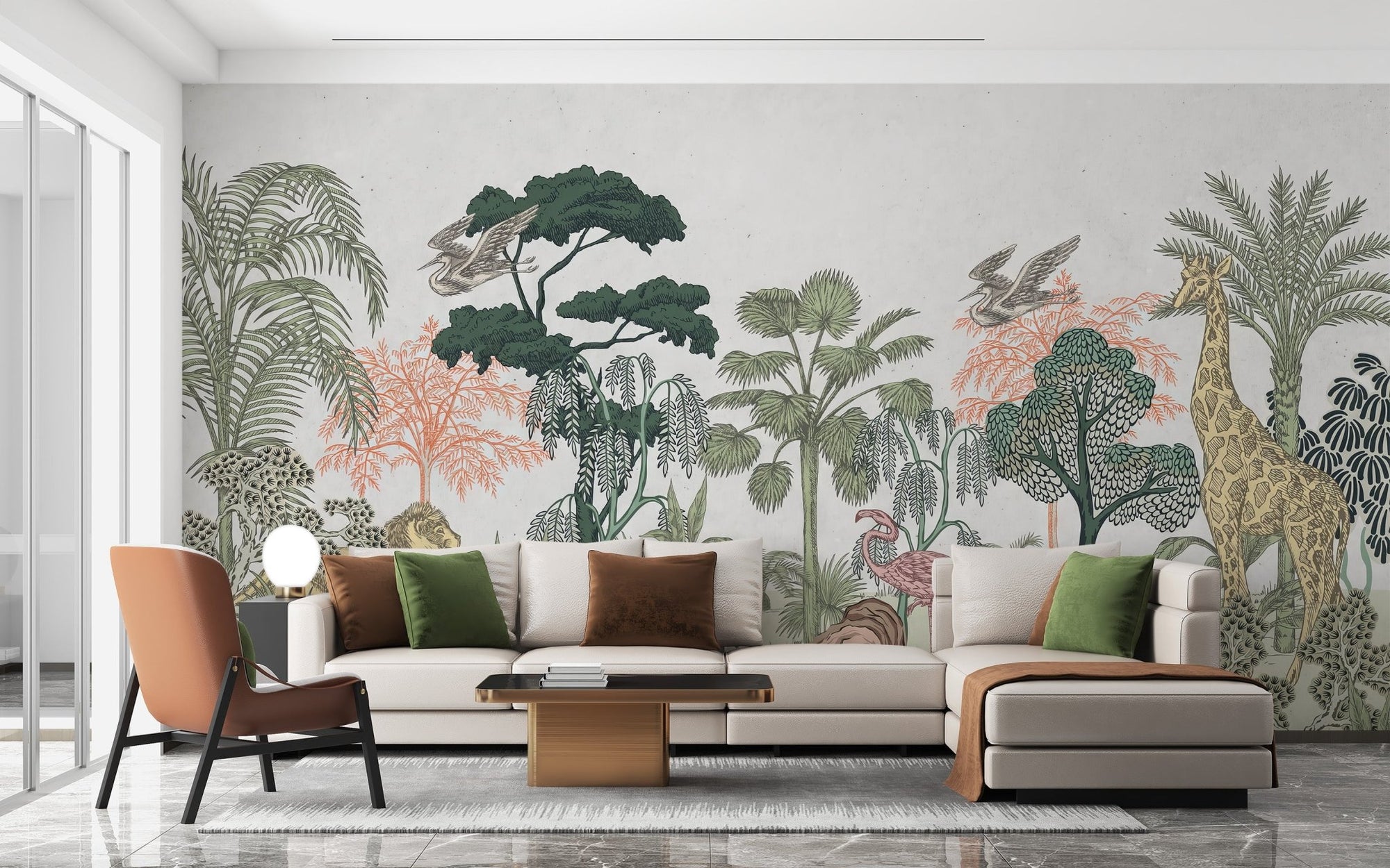 Tropical wildlife kids room wallpaper with a lion and giraffe in a savanna.