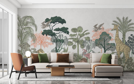 Tropical wildlife kids room wallpaper with a lion and giraffe in a savanna.