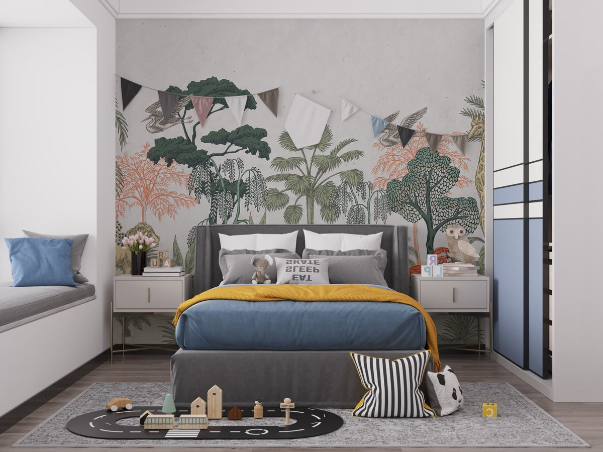 Tall giraffe and palm tree design on a tropical wildlife wallpaper mural.