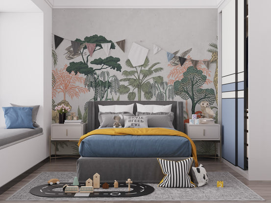 Tall giraffe and palm tree design on a tropical wildlife wallpaper mural.