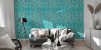 Turquoise Background Chinoiserie Magnolia Tree Flower Wallpaper in living room.