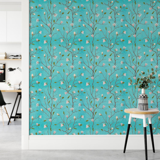 Turquoise Background Chinoiserie Magnolia Tree Flower Wallpaper in hallway.