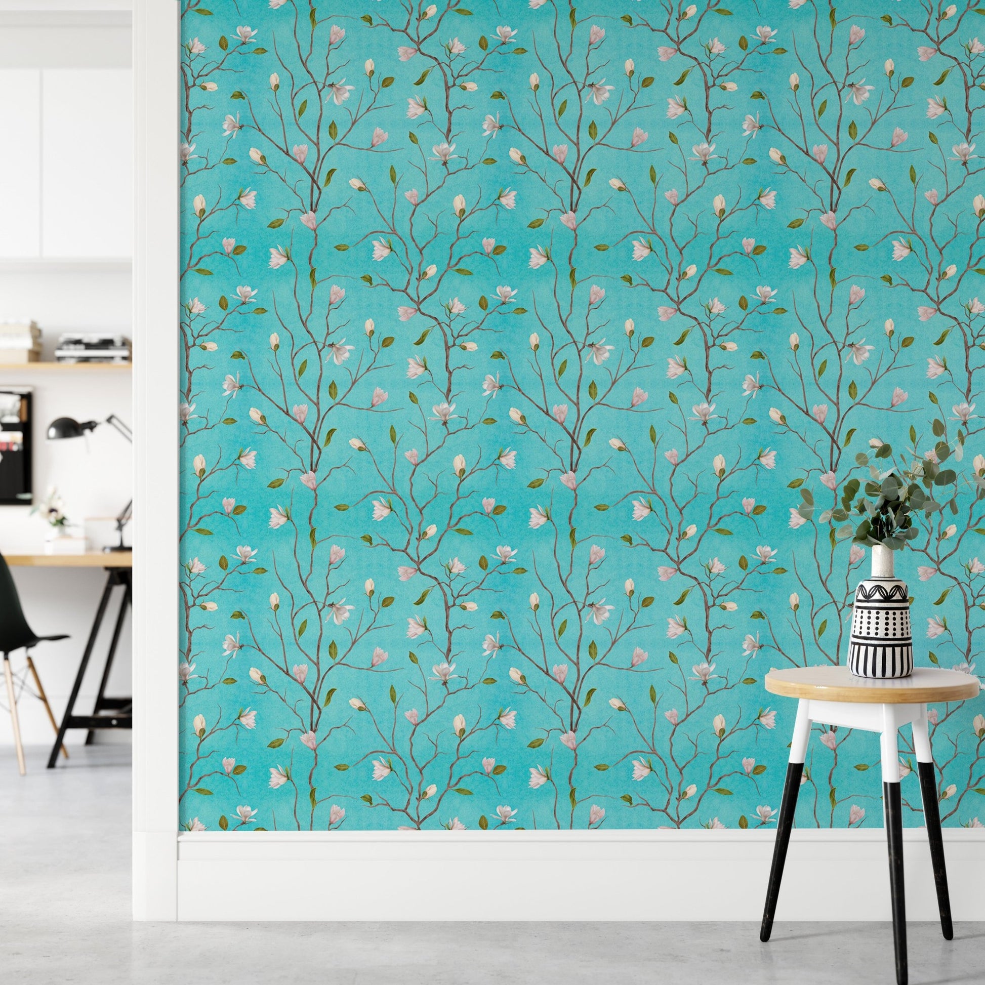 Turquoise Background Chinoiserie Magnolia Tree Flower Wallpaper in hallway.