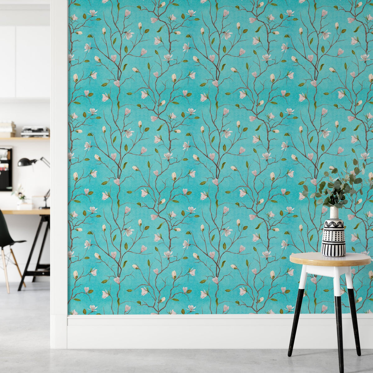 Turquoise Background Chinoiserie Magnolia Tree Flower Wallpaper in hallway.