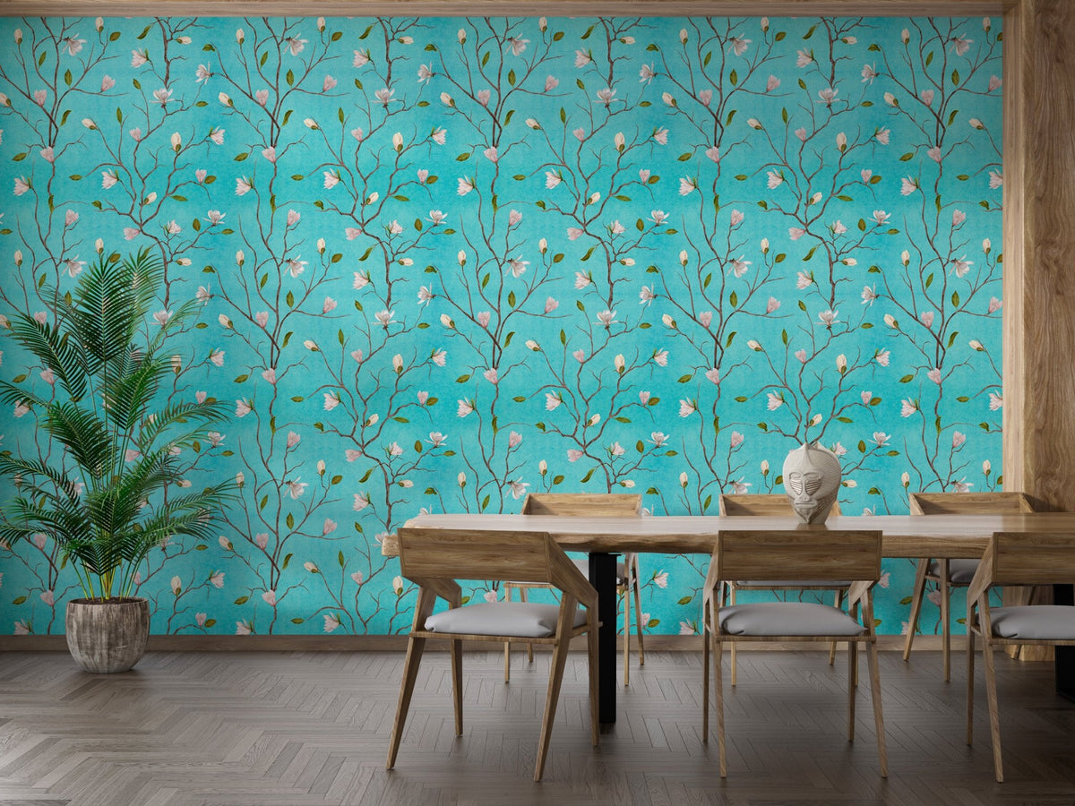 Turquoise Background Chinoiserie Magnolia Tree Flower Wallpaper in dining room.