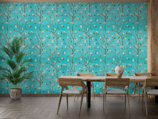 Turquoise Background Chinoiserie Magnolia Tree Flower Wallpaper in dining room.