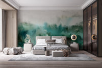 Minimalist bedroom with dark wood accents and brushstroke wall mural.