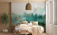 Boho style bedroom featuring Turquoise Brushstrokes Bliss Wall Mural.