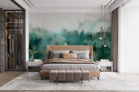 Modern suite featuring teal and grey abstract bliss art wall mural.