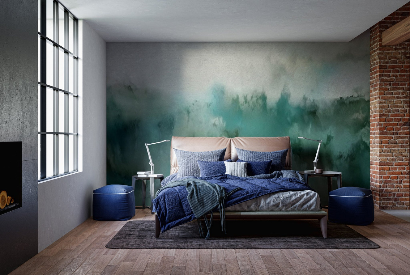 Bedroom with Turquoise Brushstrokes Bliss Wall Murals and blue bedding.
