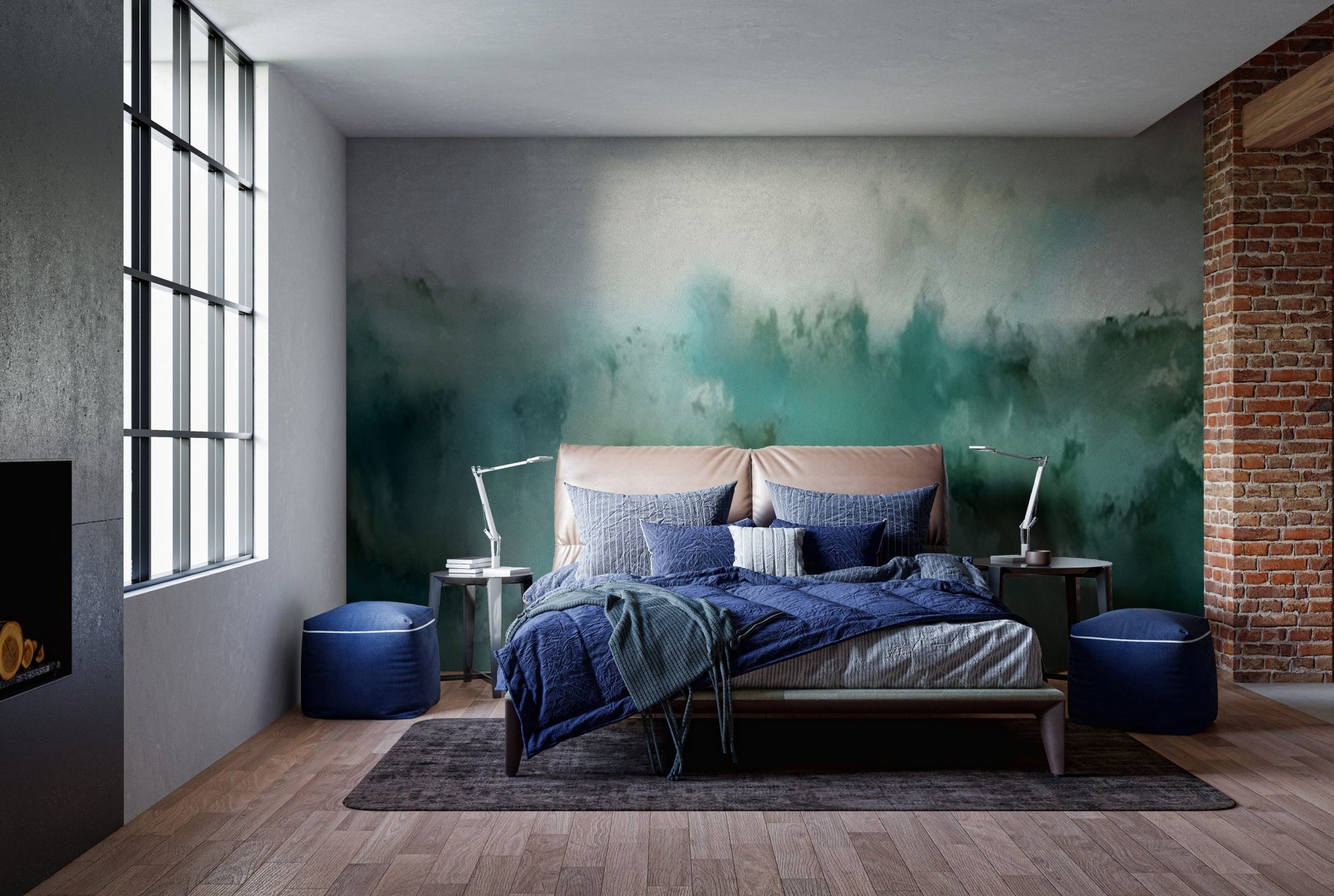 Bedroom with Turquoise Brushstrokes Bliss Wall Murals and blue bedding.