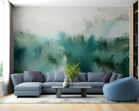 Grey sofa set against a teal watercolor bliss effect wall mural in living room.