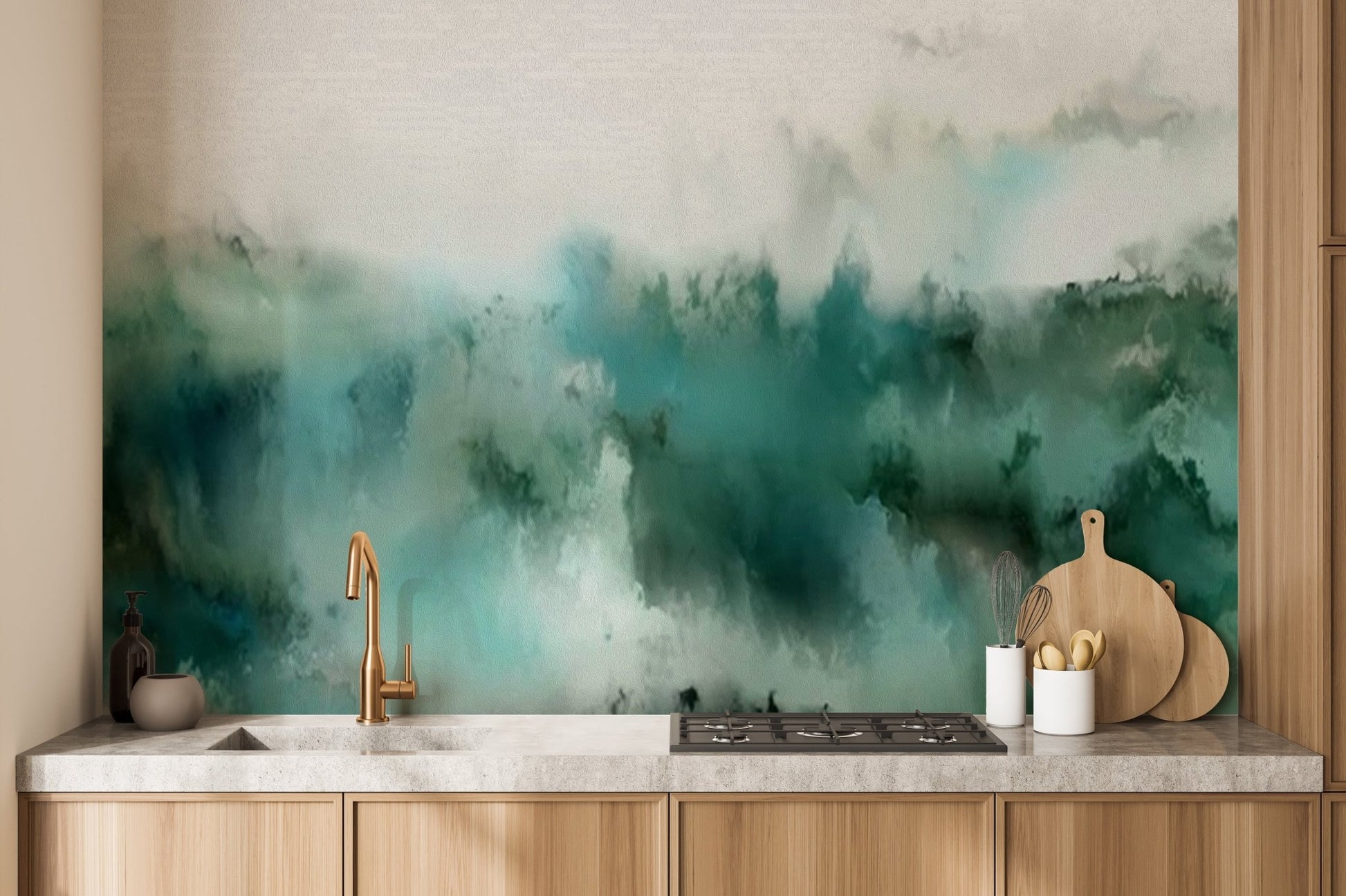 Kitchen space with wood cabinets and green watercolor bliss wall mural.