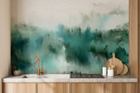 Kitchen space with wood cabinets and green watercolor bliss wall mural.