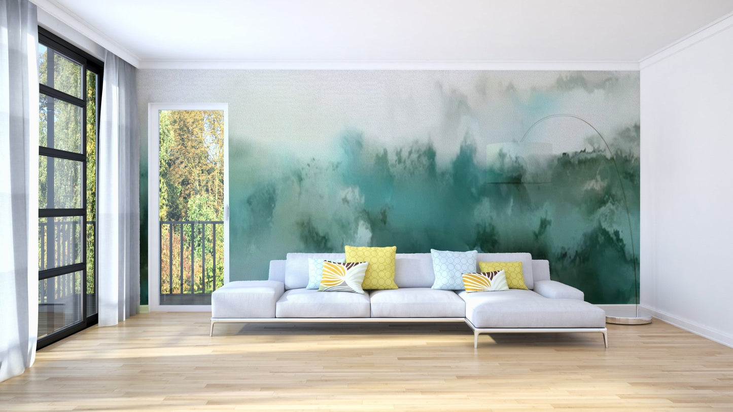 Abstract teal bliss wash wall mural in a white minimalist living room.