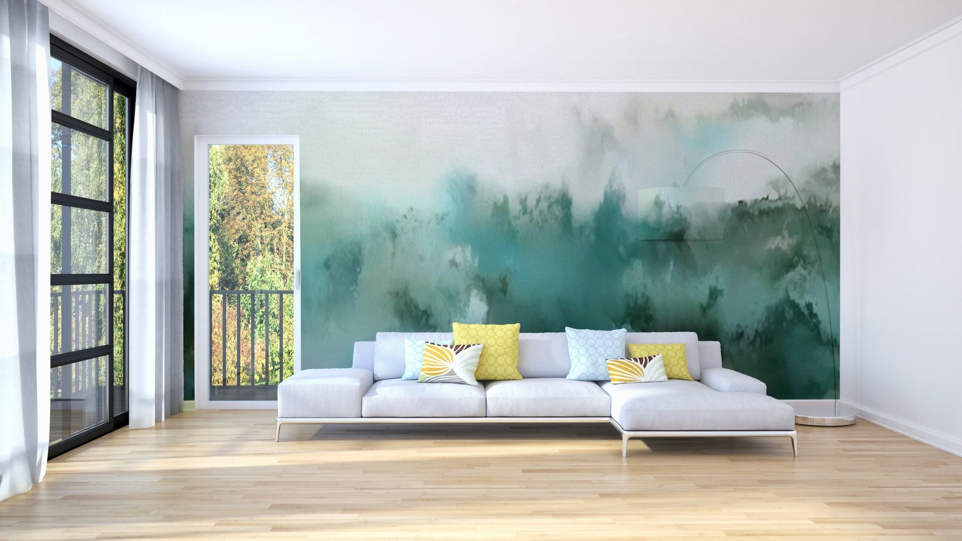 Abstract teal bliss wash wall mural in a white minimalist living room.