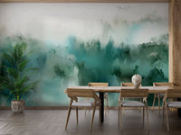 Modern dining area featuring emerald green brushstroke wall mural.