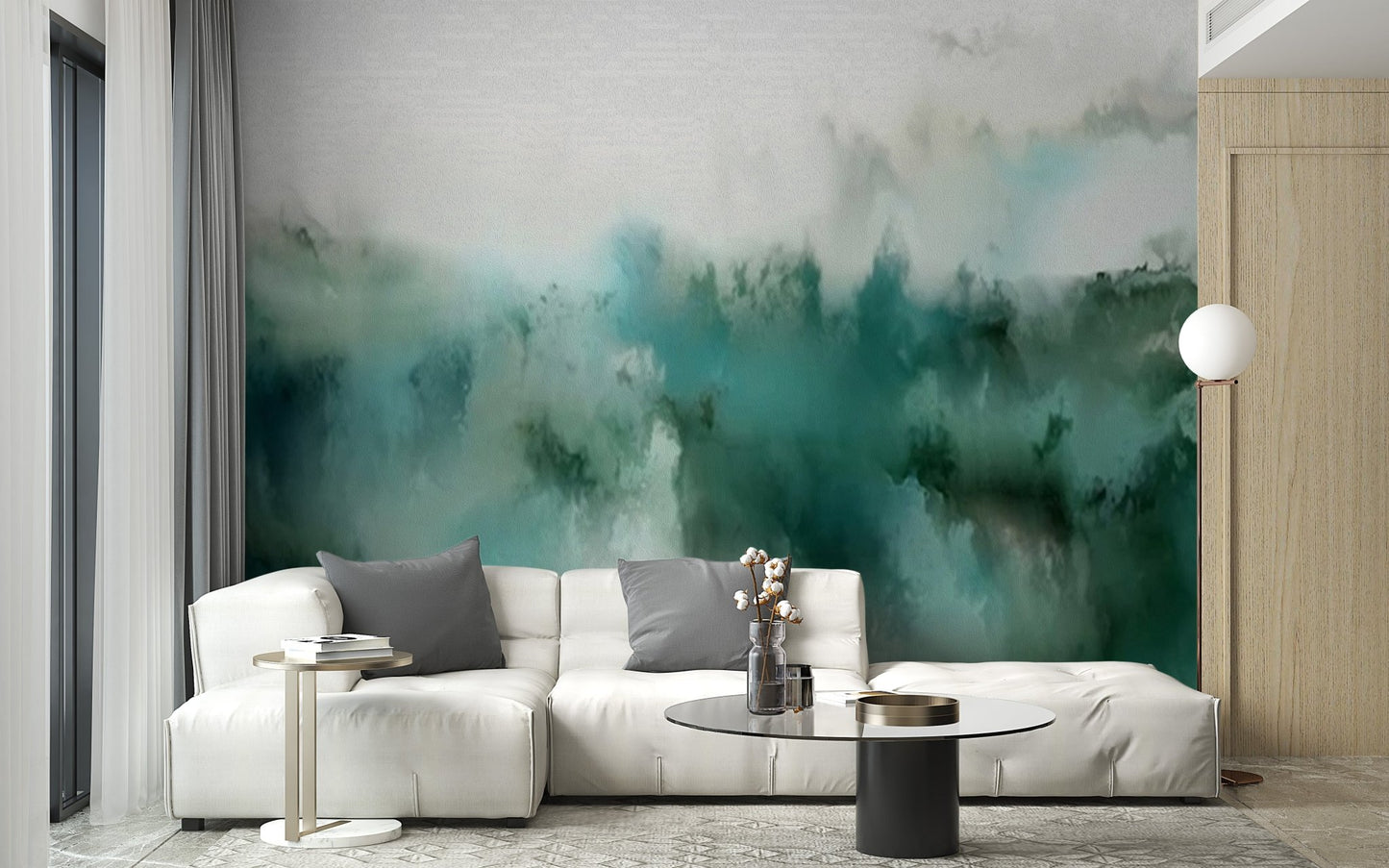 White contemporary living area with textured green abstract bliss wall mural.