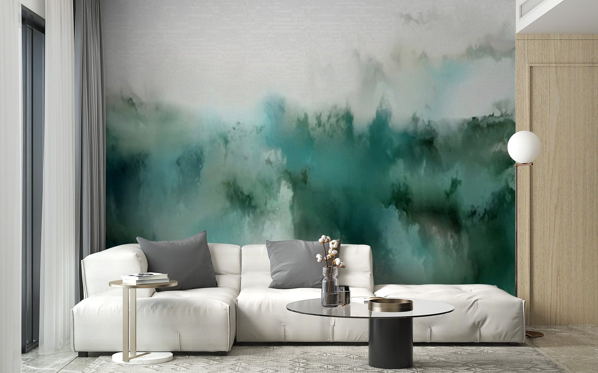 White contemporary living area with textured green abstract bliss wall mural.