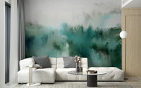 White contemporary living area with textured green abstract bliss wall mural.