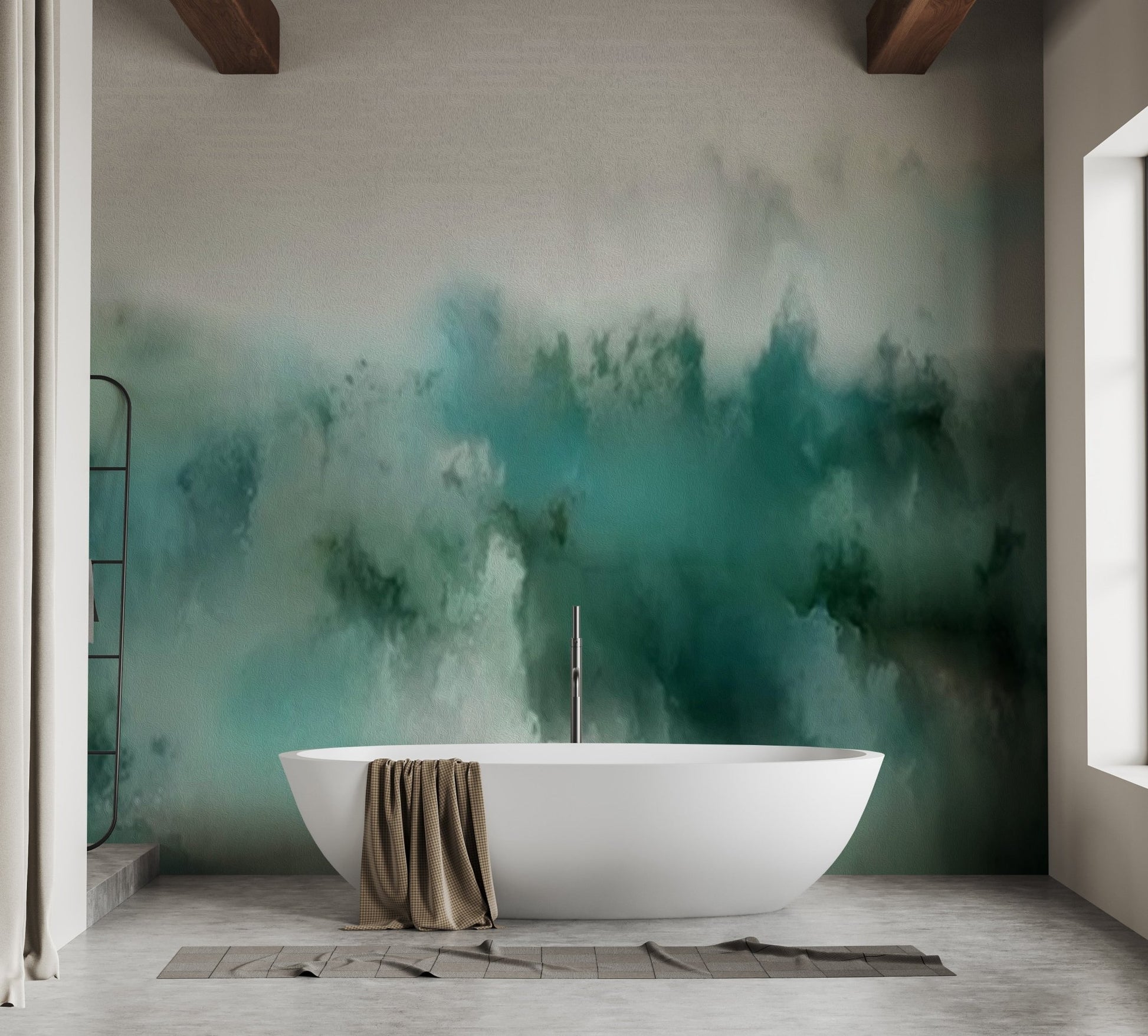 Bathroom featuring a soaking tub and teal brushstroke wall mural.
