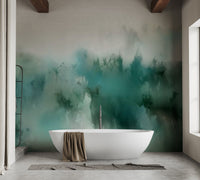 Bathroom featuring a soaking tub and teal brushstroke wall mural.