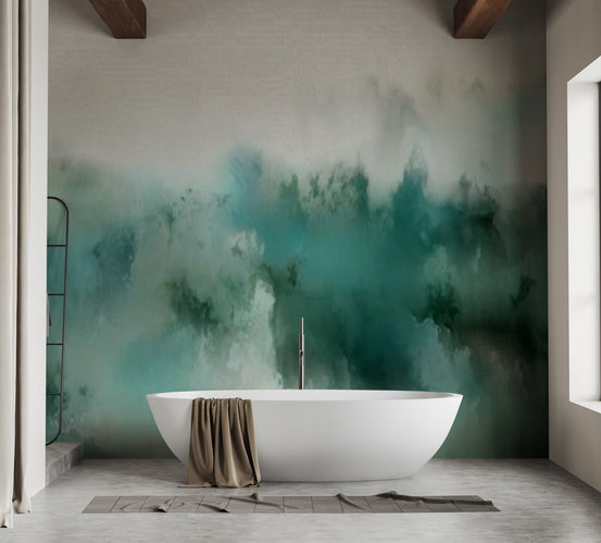 Bathroom featuring a soaking tub and teal brushstroke wall mural.