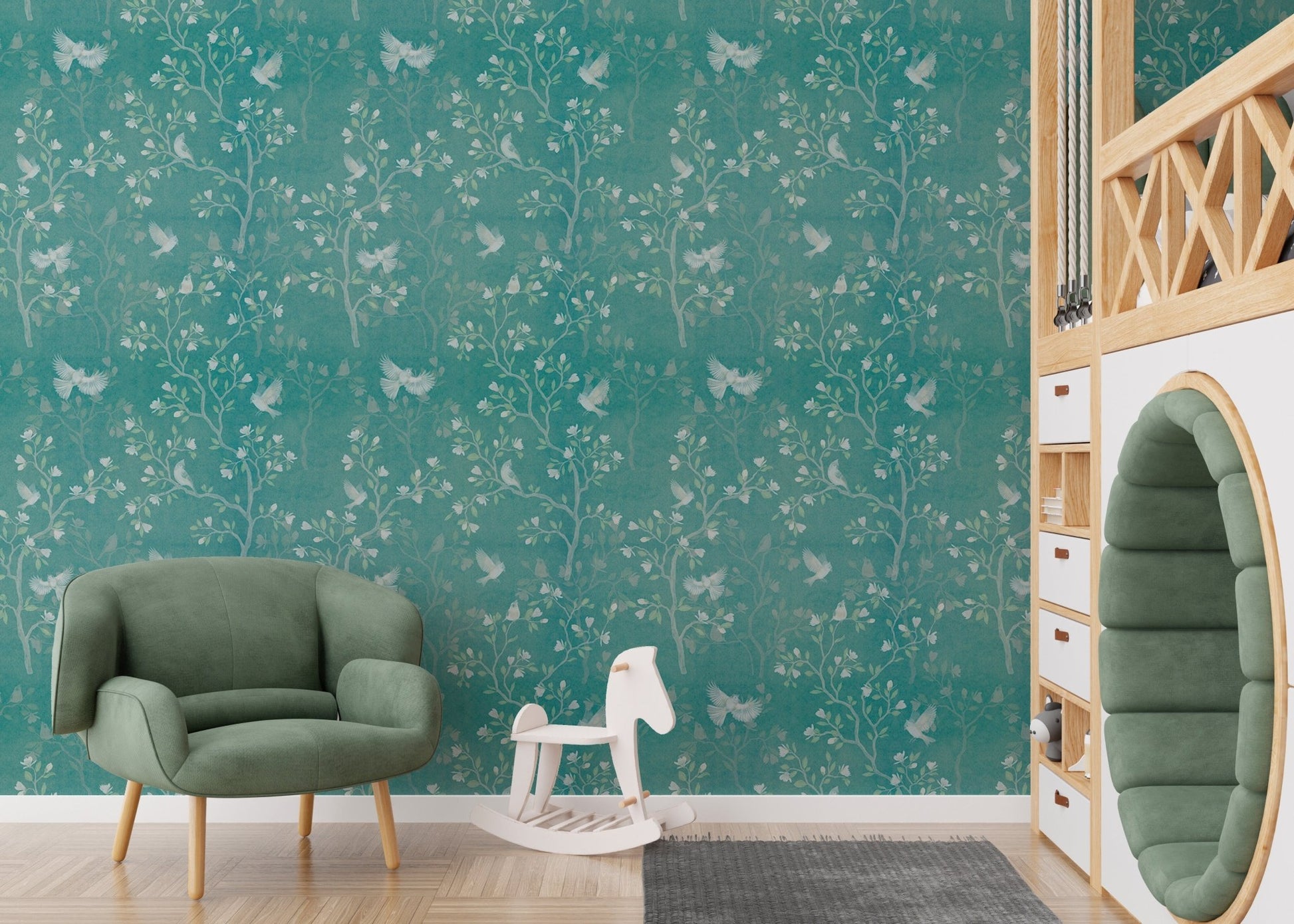 Wallpaper features a graceful magnolia tree with delicate flowers in kids nursery.

