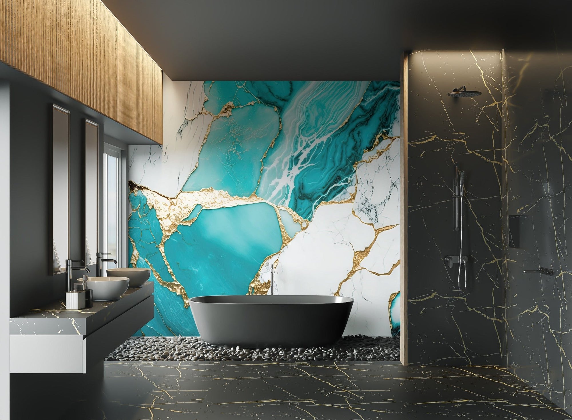 Abstract turquoise gold marble wallpaper with liquid stone patterns.