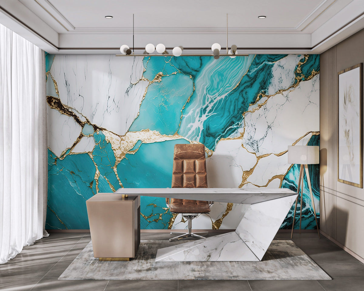 Modern turquoise marble wall mural for a sophisticated feature wall.