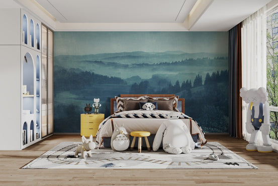 Twilight blue landscape wall mural with misty forest hills.
