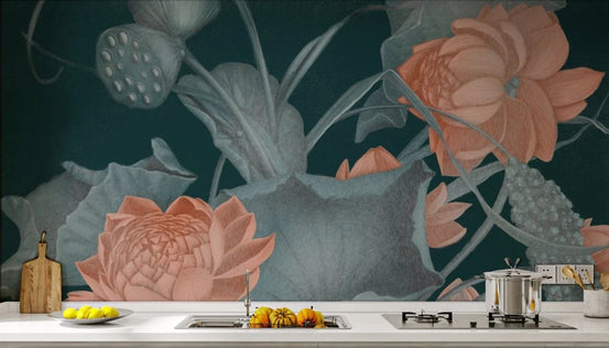 Kitchen counter showing dark twilight botanical wall mural with coral accents.