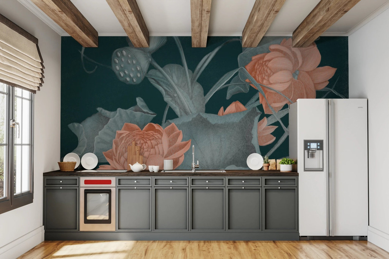Kitchen with dark cabinets and Twilight Lotus Garden wall mural backdrop.