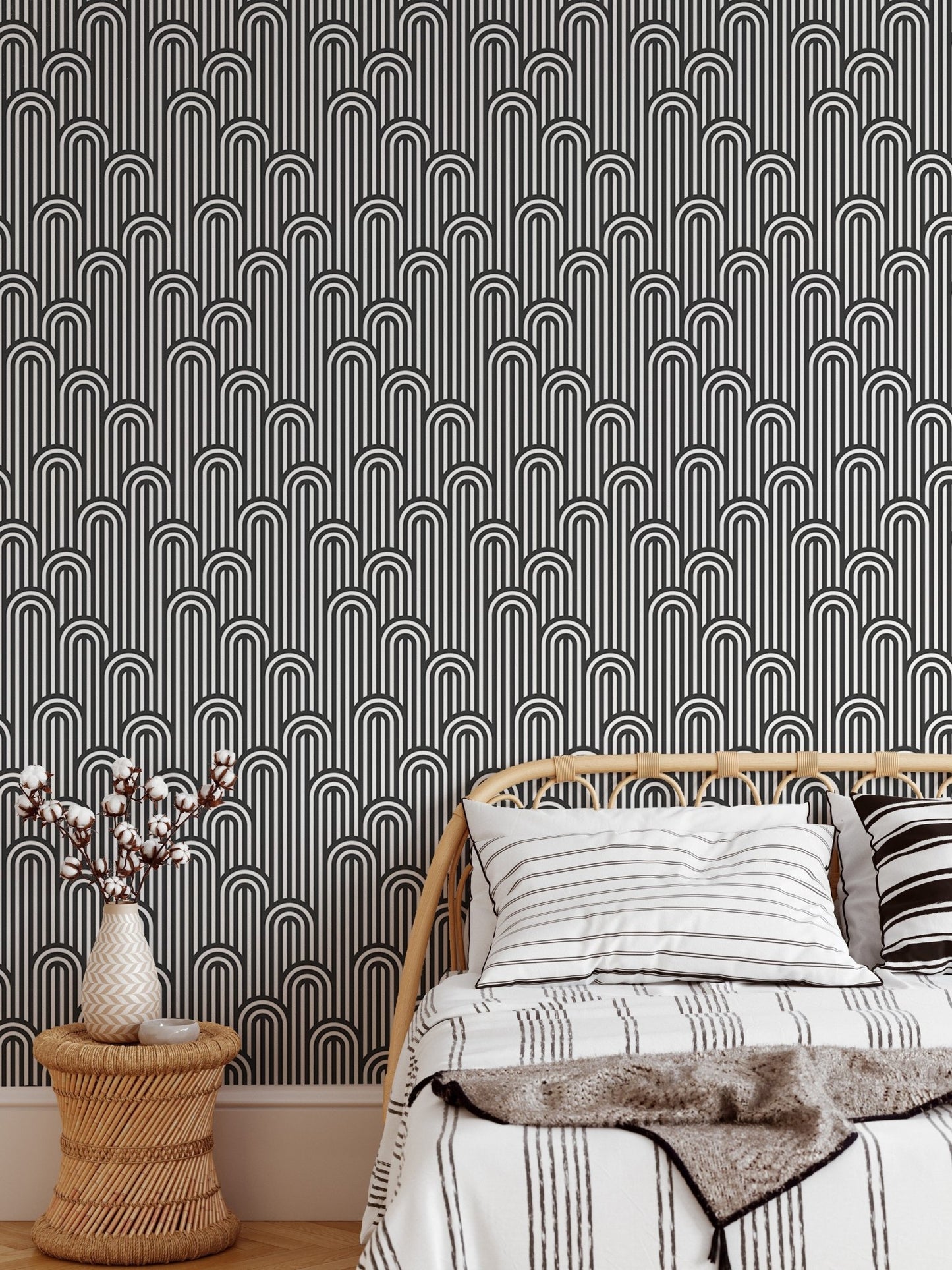 Twisted Lines Stripy Weaving Black and White Wallpaper in a modern bedroom