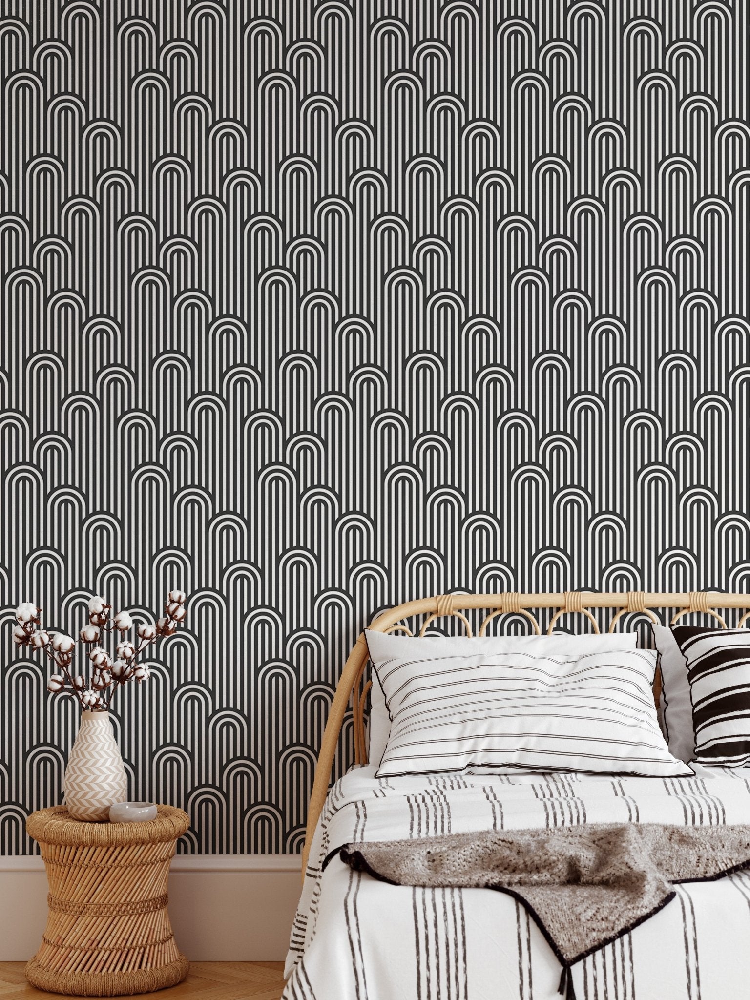 Twisted Lines Stripy Weaving Black and White Wallpaper in a modern bedroom