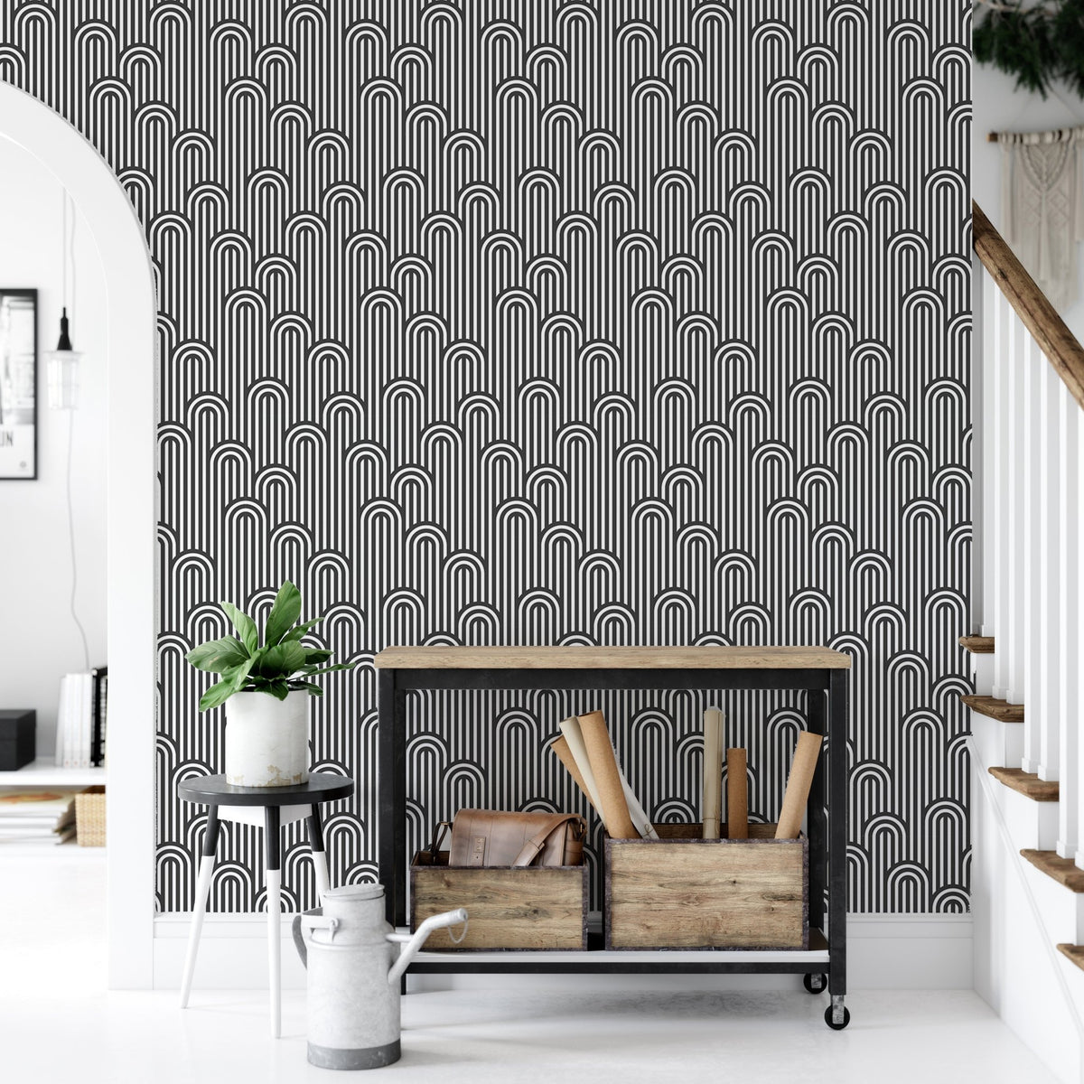 Twisted Lines Stripy Weaving Black and White Wallpaper in hallway with console