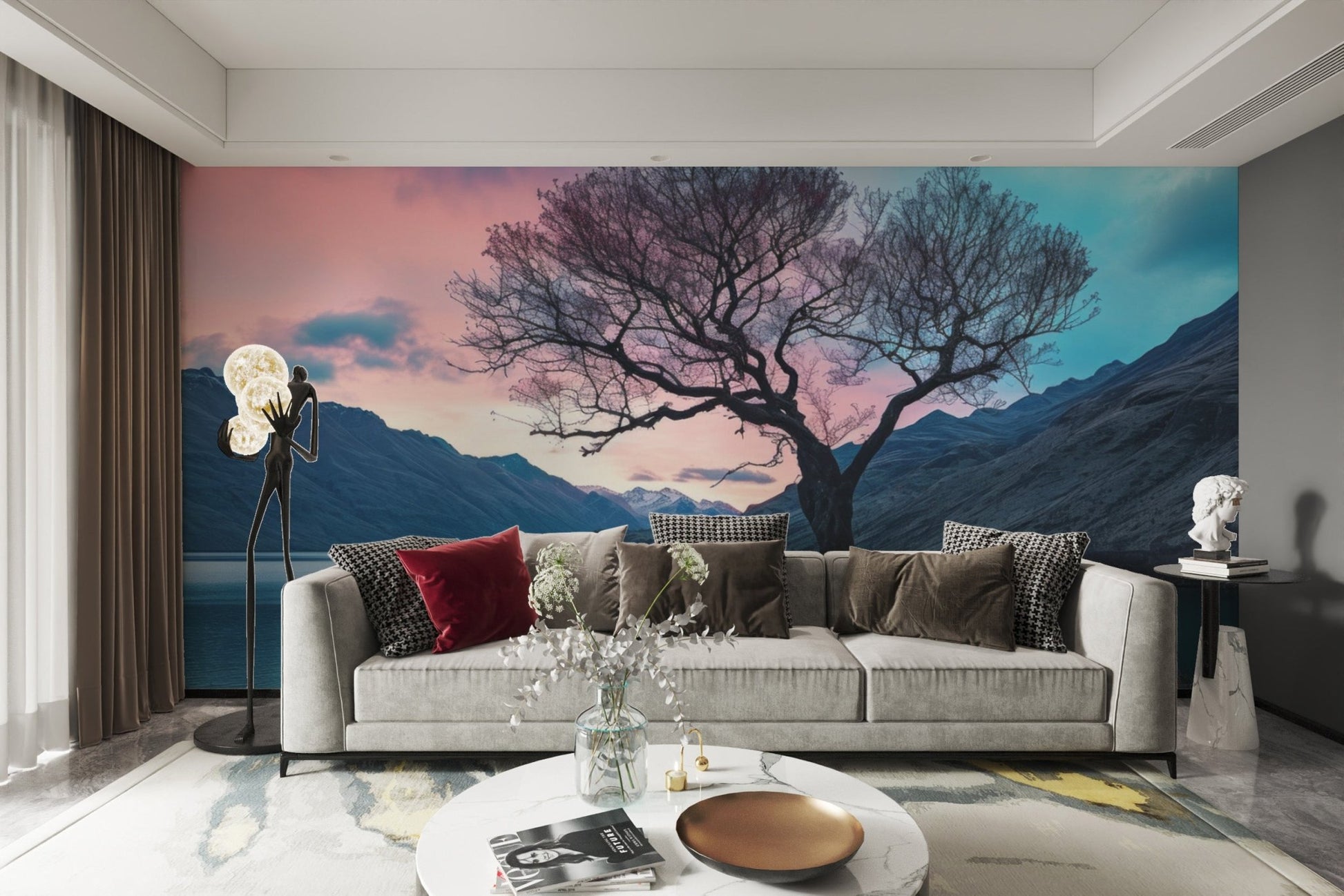 Twisted tree sunset landscape wallpaper with pink and teal sky.