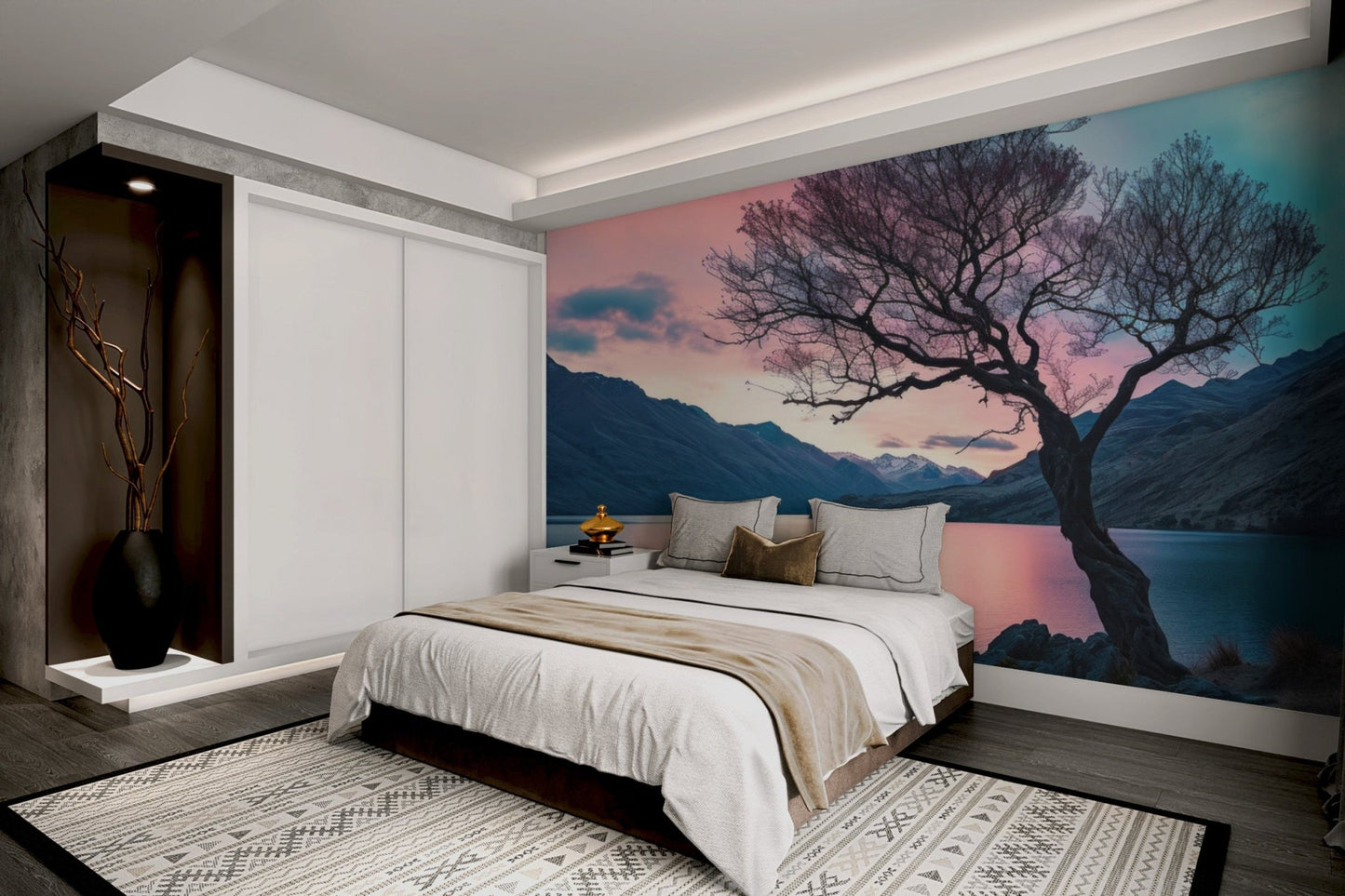 Artistic twisted tree design wallpaper in pastel sunset colors.